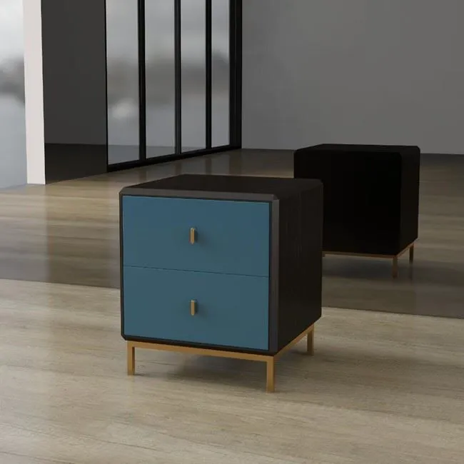 कस्टम नाइटस्टैंड चित्रित काले और नीले लाह और पीतल के पैरों में दो दराज के साथ